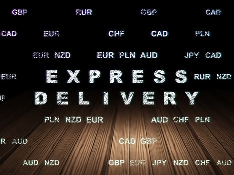 Business concept: Glowing text Express Delivery in grunge dark room with Wooden Floor, black background with Currency, 3d render