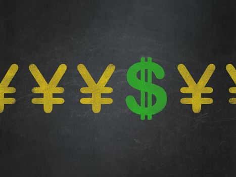 Currency concept: row of Painted yellow yen icons around green dollar icon on School Board background, 3d render