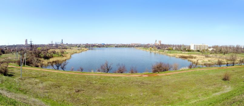 Urban spring landscape in the industrial city of Krivoy Rog in Ukraine