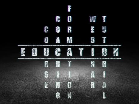Education concept: Glowing word Education in solving Crossword Puzzle in grunge dark room with Dirty Floor, black background, 3d render