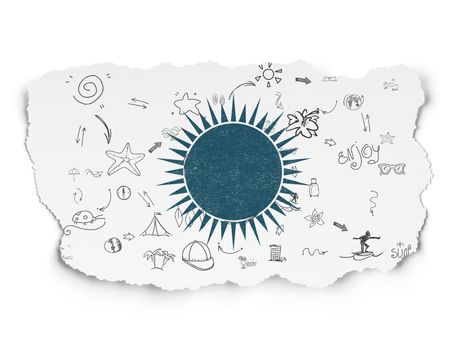 Vacation concept: Painted blue Sun icon on Torn Paper background with Scheme Of Hand Drawn Vacation Icons, 3d render