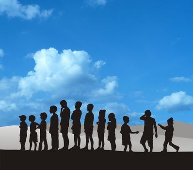 Silhouetted children standing in row