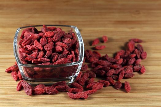 Dry goji berries in a glass bowl.