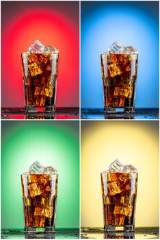 Glass with cola  and ice. collection of red, blue, green and yellow backgrounds