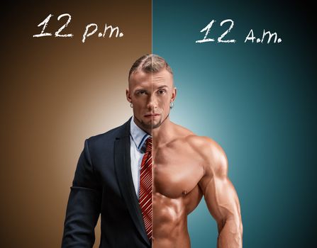 Attractive man in a business suit and without it on a brown-blue background. concept of beauty and strength, and the contrast between day and night image of an angel and a devil