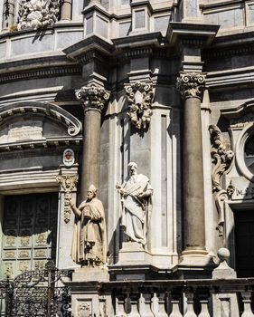 St. Peter cathedral church with statues of saints. Catania, Sicily, Italy