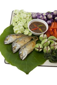 fried mackerel and pepper sauce, fresh vegetable.it's thaifood.