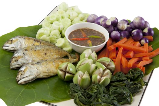 fried mackerel and pepper sauce, fresh vegetable.it's thaifood.