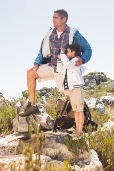 Father and son hiking in the mountains on a sunny day