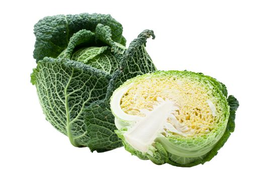 Head of fresh ripe Savoy cabbage and half cut isolated