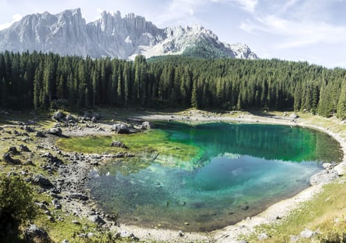 landscape and reflections in the famous lake of Carezza - Dolomites, Italy