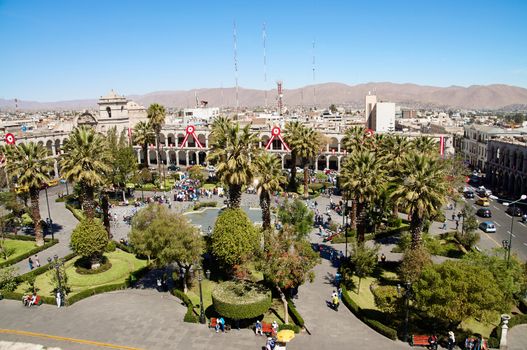 View on Plaza de Armas in Arequipa, Peru, South America on indipendence day