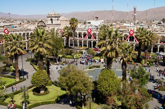 View on Plaza de Armas in Arequipa, Peru, South America on indipendence day