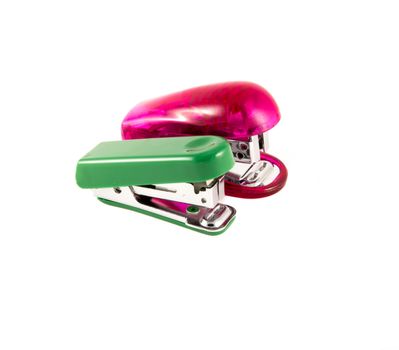 red and green stapler isolated on white background