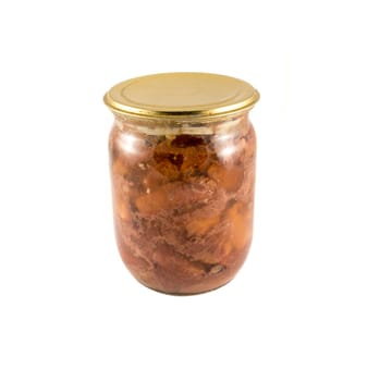 tinned stewed meat in glass jar on white background