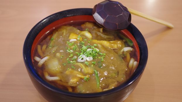 Japanese noodle curry soup on table