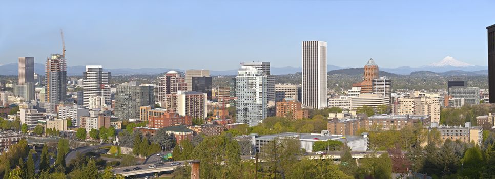 Portland Oregon city panorama buildings and surrounding areas.