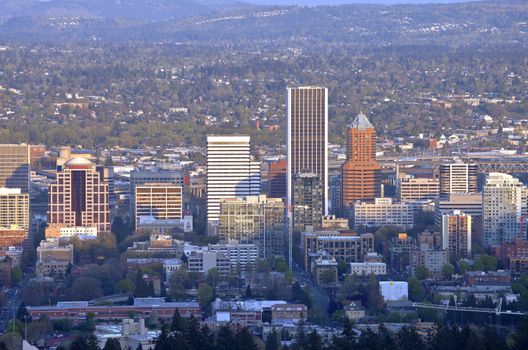 Portland Oregon downtown skyline from Pittock Mansion.