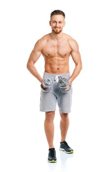 Athletic man with dumbbells on the white background