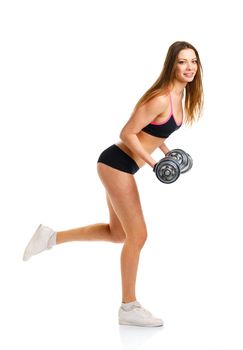 Happy athletic woman with dumbbells doing sport exercise, isolated on white background