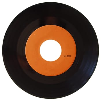 Vinyl record vintage analog music recording medium, 45rpm single with orange label isolated over white