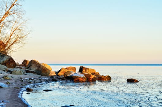Picturesque landscape sea coast with boulders