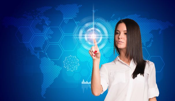 Touching button social network future interface. Businesswoman pressing light point on holographic screen. Social network concept