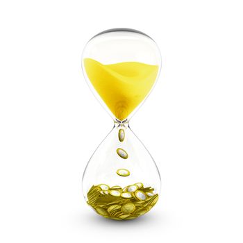 Time is money concept based on hourglass that transforms the golden sand to coins.