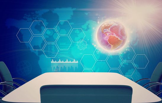 Table with chairs on abstract backround with earth model and graphical charts. World map with light in right upper corner. Elements of this image furnished by NASA