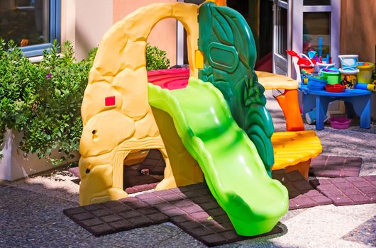 Children's Playground with many attractions on the beach in the resort.