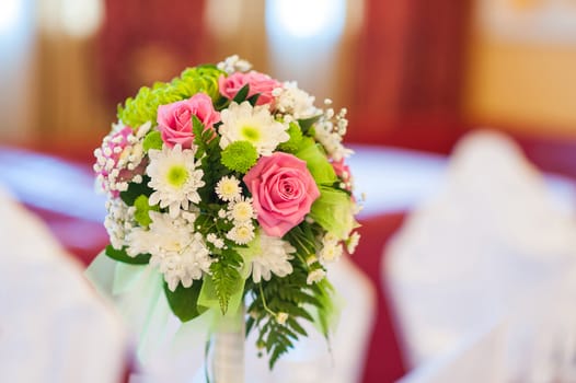 beautiful wedding bouquet with different flowers close up