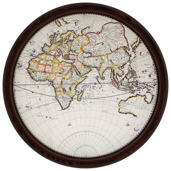 ancient world map in a round wooden frame isolated on the white