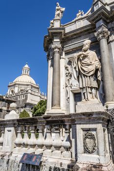 St. Peter cathedral church with statues of saints. Catania, Sicily, Italy