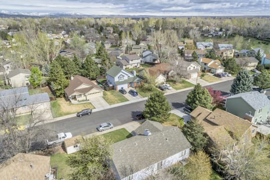 FORT COLLINS, CO, USA - APRIL 18, 2015: Aerial view of Fort Collins, a typical residential neighborhood along Front Range of Rocky Mountains in Colorado,  early spring