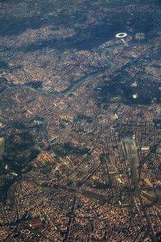 Aerial view of Rome, Italy from airplane window 
