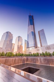 NEW YORK CITY - MAY 23: NYC's 9/11 Memorial at World Trade Center Ground Zero seen on May 23, 2013. The memorial was dedicated on the 10th anniversary of the Sept. 11, 2001 attacks