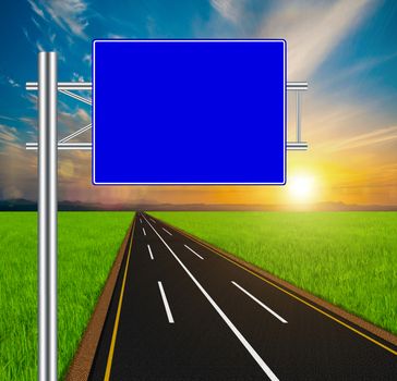 Blank Blue Road Sign concept on soft natural landscape background.