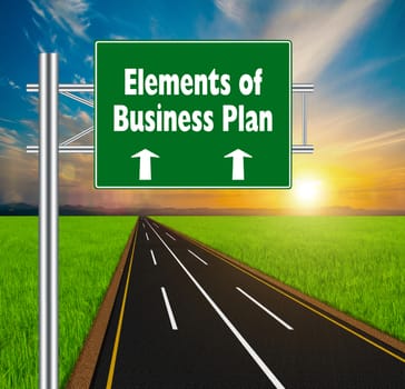 Green Road Sign concept Elements of Business Plan on soft natural landscape background.