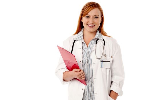 Female physician with stethoscope and clipboard