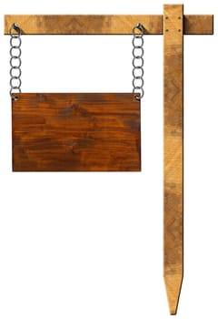 Empty wooden sign hanging with metal chain on a wooden pole isolated on a white background