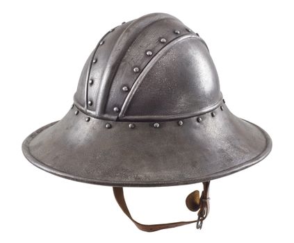 Iron helmet of the medieval knight. Very heavy headdress