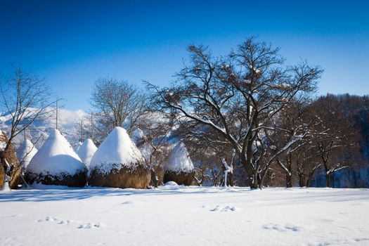 Typical winter scenic view hayracks from Bran Castle surroundings