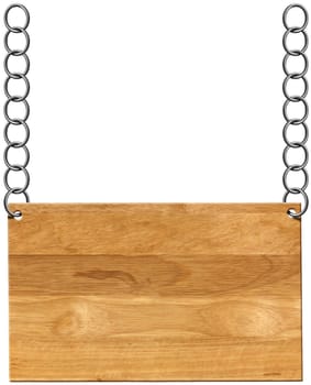 Empty wooden sign hanging with metallic chain isolated on a white background