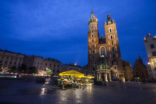 Church of St. Mary in Krakow Main Market Square during Twilight time