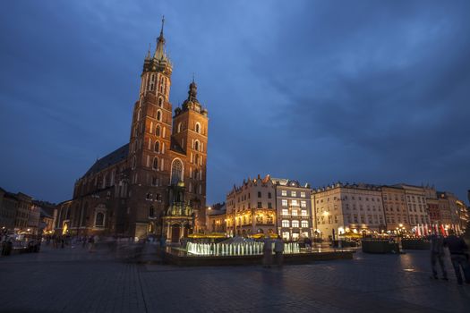 Church of St. Mary in Krakow Main Market Square during Twilight time