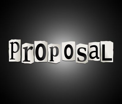 Illustration depicting a set of cut out printed letters arranged to form the word proposal.