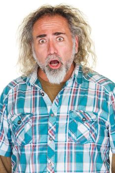 Startled middle aged man with beard and long hair