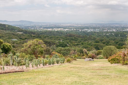 CAPE TOWN, SOUTH AFRICA - DECEMBER 9, 2014: View from Kirstenbosch National Botanical Gardens towards Newlands and Claremont. Newlands Rugby and Cricket Stadiums are visible