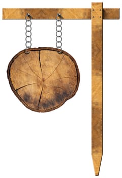 Empty wooden sign, a section of tree trunk, hanging with metal chain on a wooden pole isolated on a white background