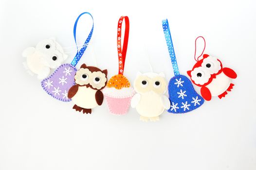  Handmade Christmas decorations toys of felt owls, bells, cakes